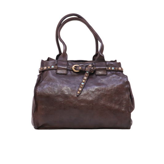 Campomaggi Rossella Poppi C041020 borsa shopping grande in pelle marrone con borchie e strass 
