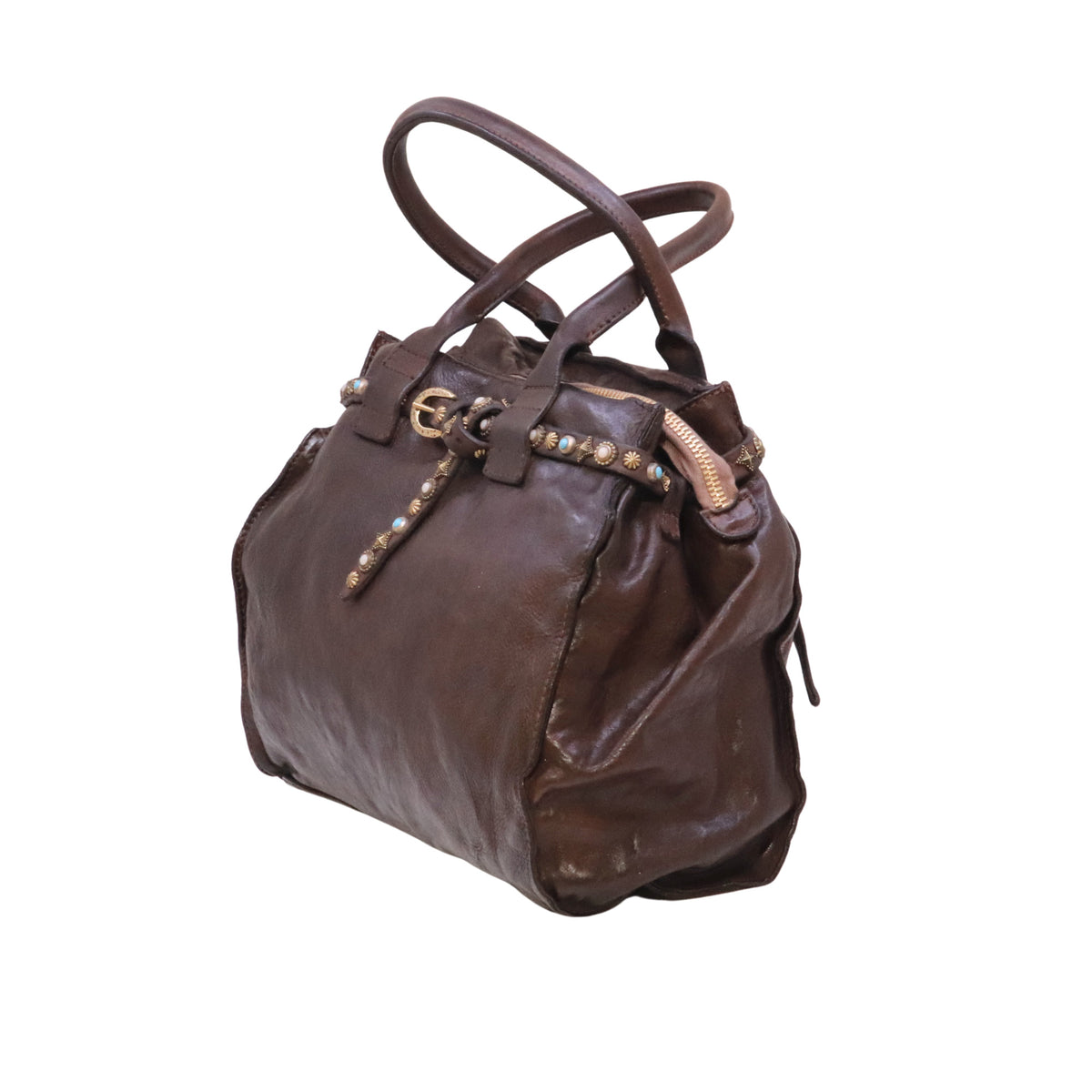 Campomaggi Rossella Poppi C041020 borsa shopping grande in pelle marrone con borchie e strass 