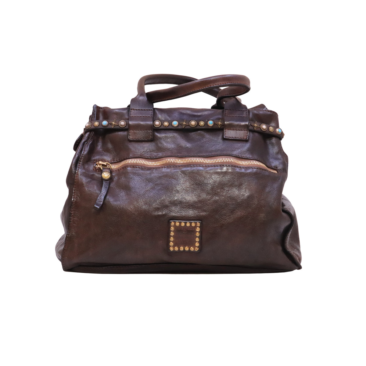 Campomaggi Rossella Poppi C041020 borsa shopping grande in pelle marrone con borchie e strass 