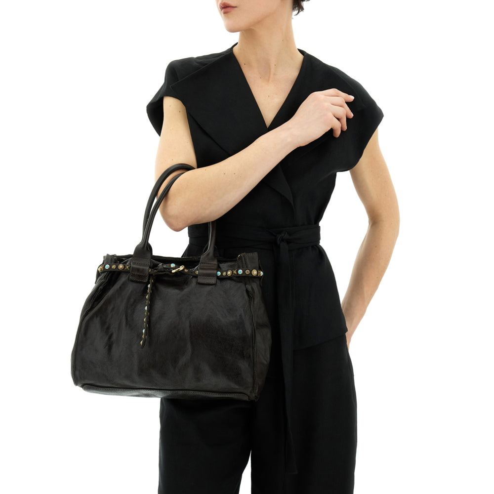 Campomaggi Rossella Poppi C041020 borsa shopping grande in pelle marrone con borchie e strass 