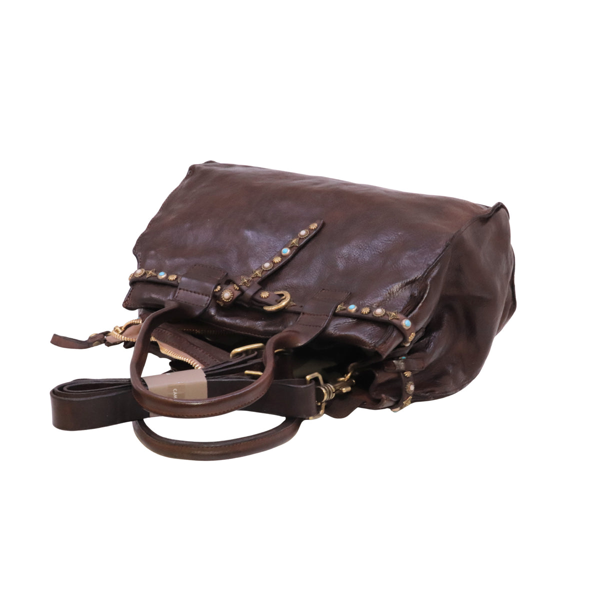 Campomaggi Rossella Poppi C041020 borsa shopping grande in pelle marrone con borchie e strass 