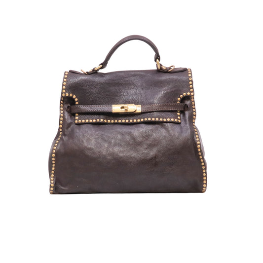Campomaggi Ginevra C043940 borsa donna in pelle moro con borchie e tracolla 