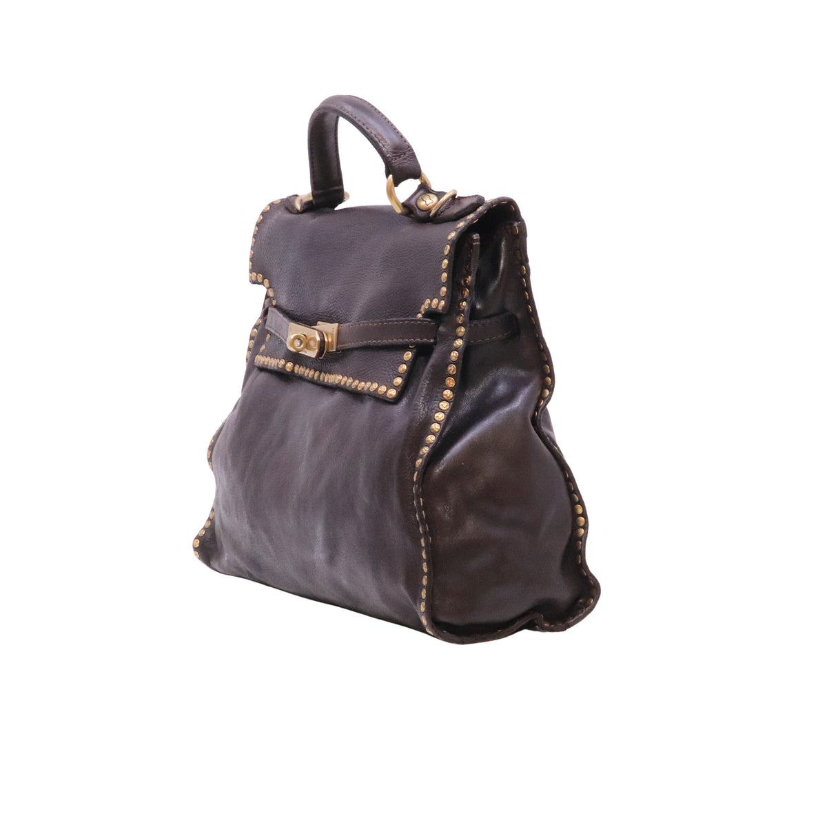 Campomaggi Ginevra C043940 borsa donna in pelle moro con borchie e tracolla 