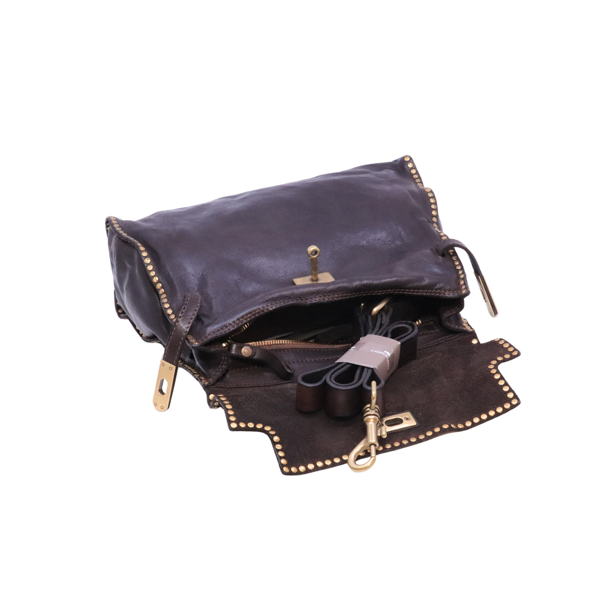 Campomaggi Ginevra C043940 borsa donna in pelle moro con borchie e tracolla 