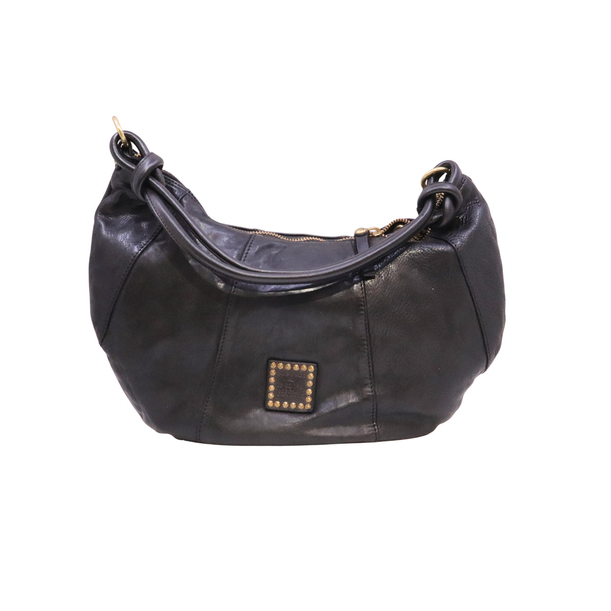 Campomaggi Sole C045930 borsa monospalla grande in pelle nera con borchie 