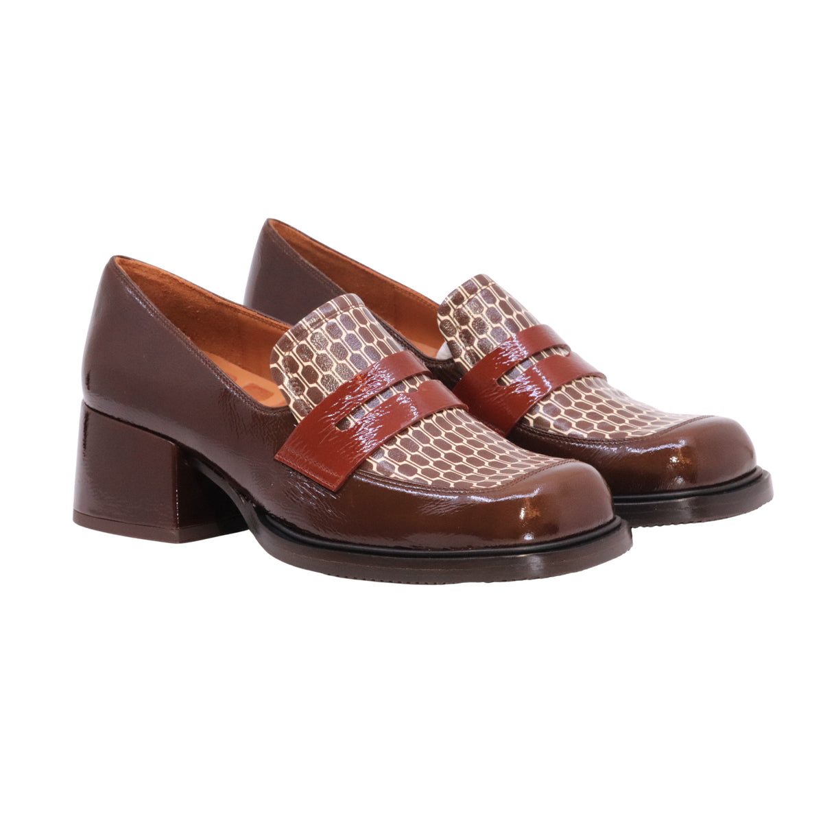 Chie Mihara Beony mocassino donna con tacco in pelle marrone e stampa fantasia 