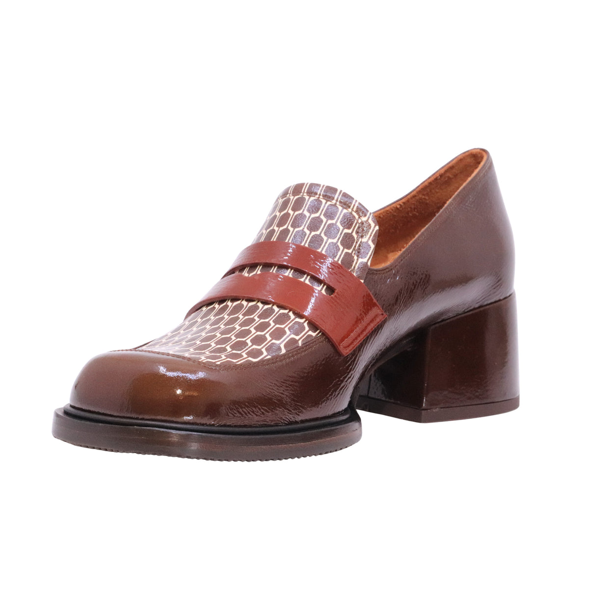Chie Mihara Beony mocassino donna con tacco in pelle marrone e stampa fantasia 