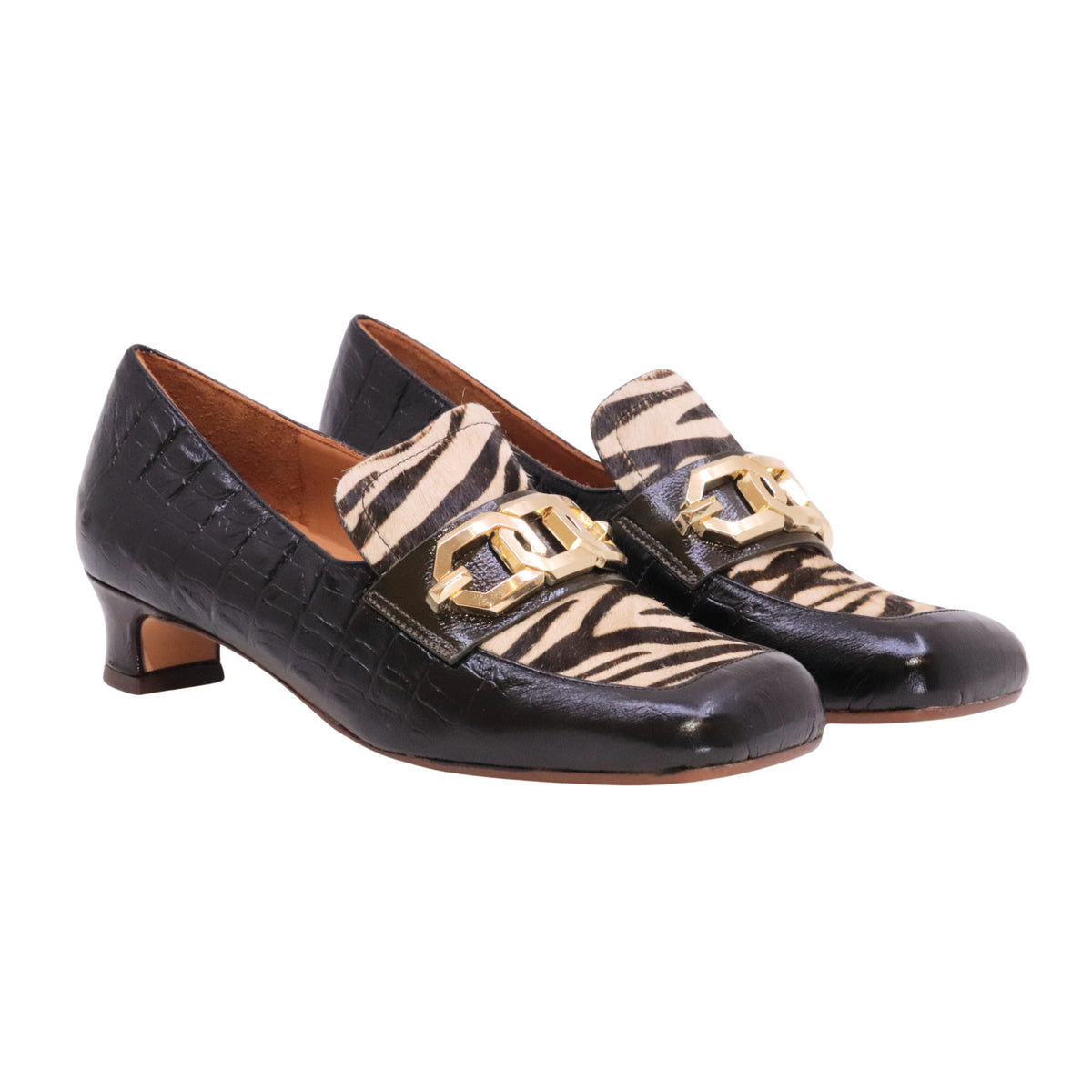 Chie Mihara Ivander Multi mocassino donna con tacco in pelle nera e stampa zebra 