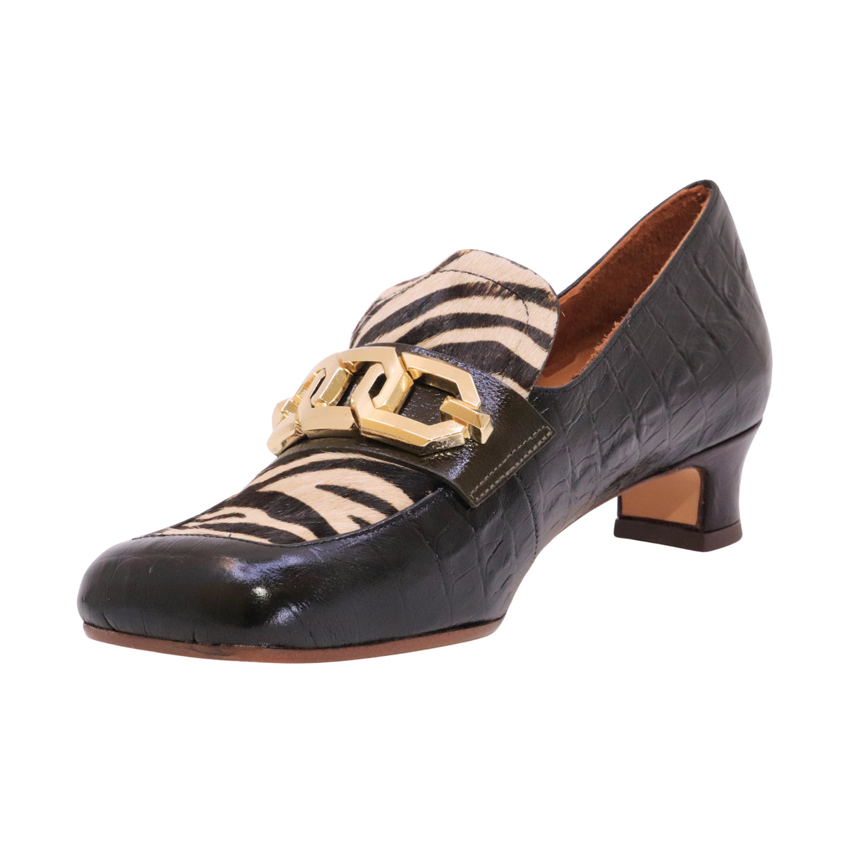 Chie Mihara Ivander Multi mocassino donna con tacco in pelle nera e stampa zebra 