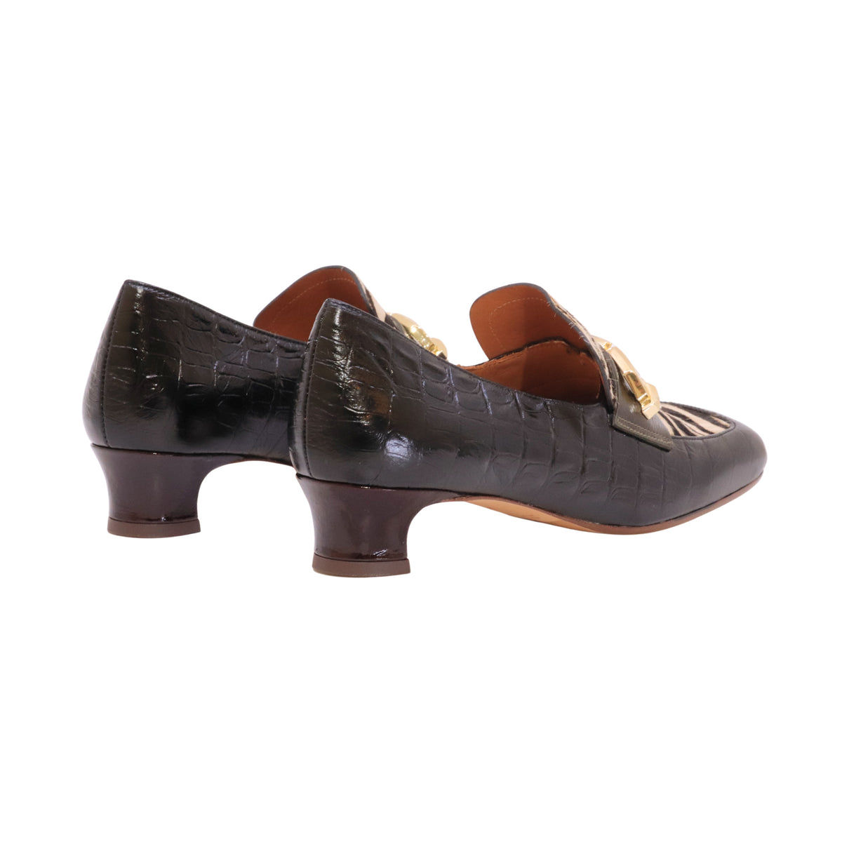Chie Mihara Ivander Multi mocassino donna con tacco in pelle nera e stampa zebra 