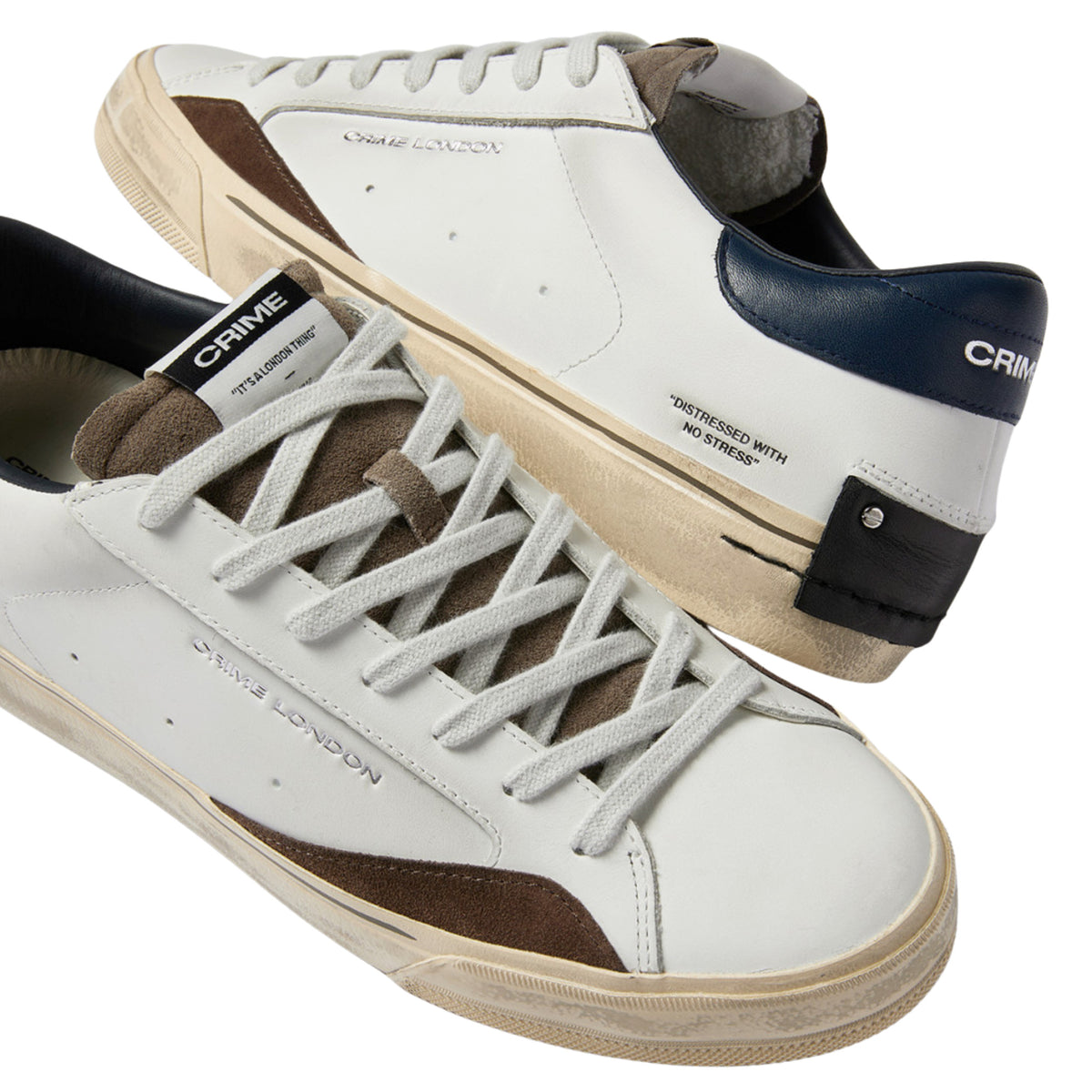 Crime London Distressed 2.0 Navy Oak 10055 sneaker uomo in pelle bianca e camoscio marrone 