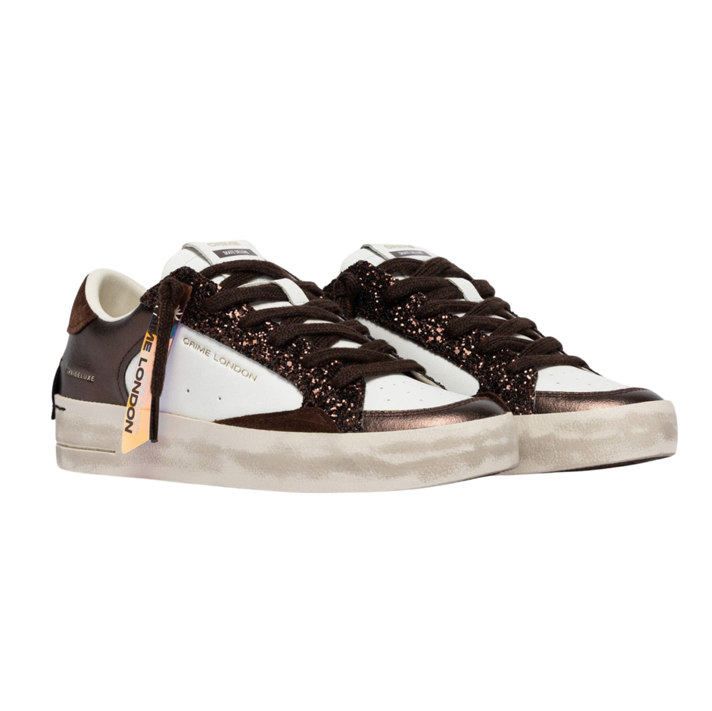 Crime London Sk8 Deluxe Cocoa Mist 23103 sneaker donna bianca e cioccolato con glitter 