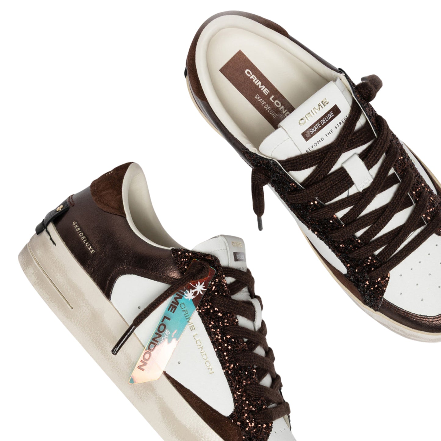 Crime London Sk8 Deluxe Cocoa Mist 23103 sneaker donna bianca e cioccolato con glitter 