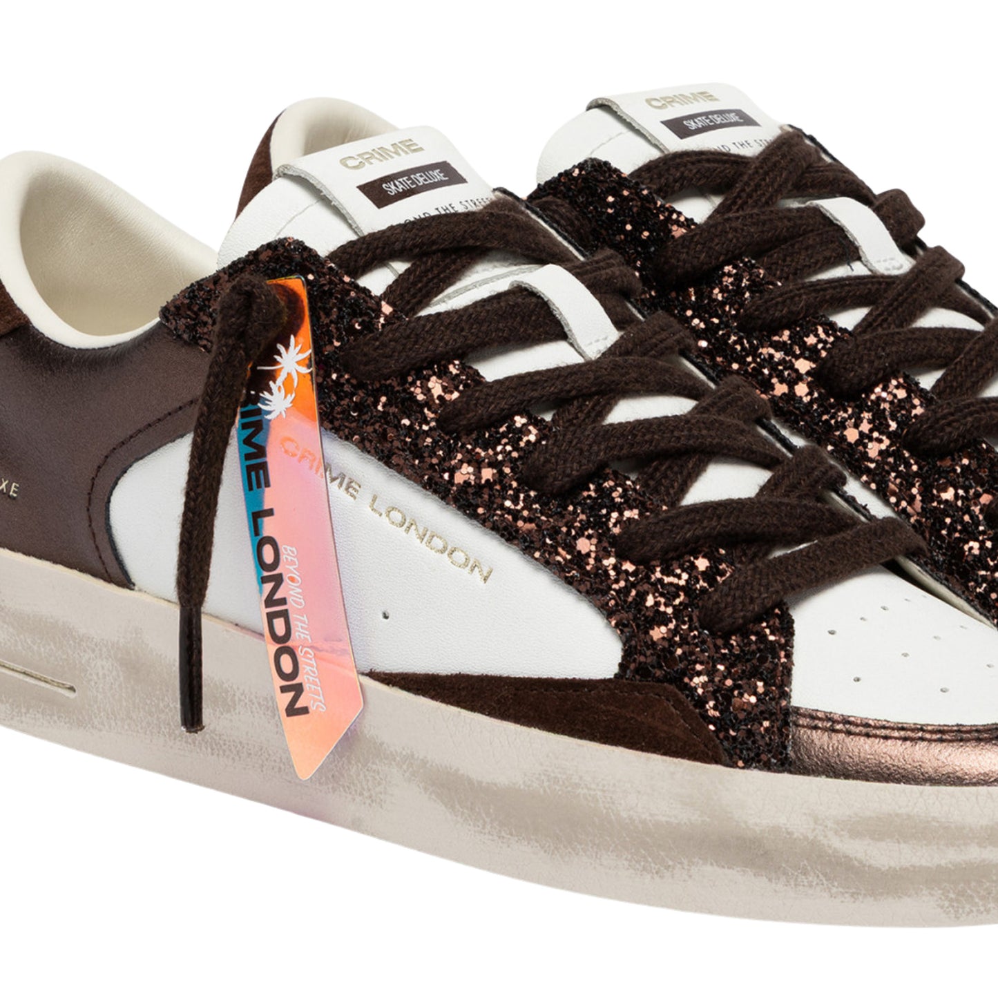 Crime London Sk8 Deluxe Cocoa Mist 23103 sneaker donna bianca e cioccolato con glitter 
