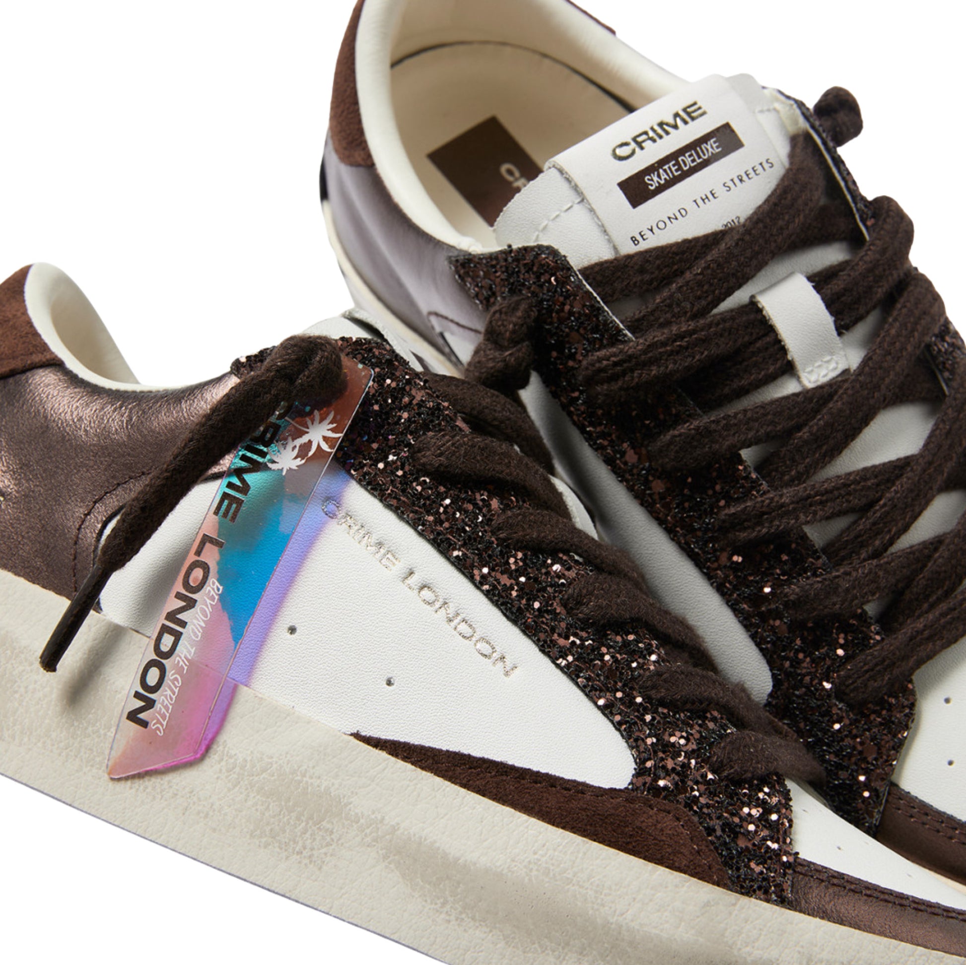 Crime London Sk8 Deluxe Cocoa Mist 23103 sneaker donna bianca e cioccolato con glitter 