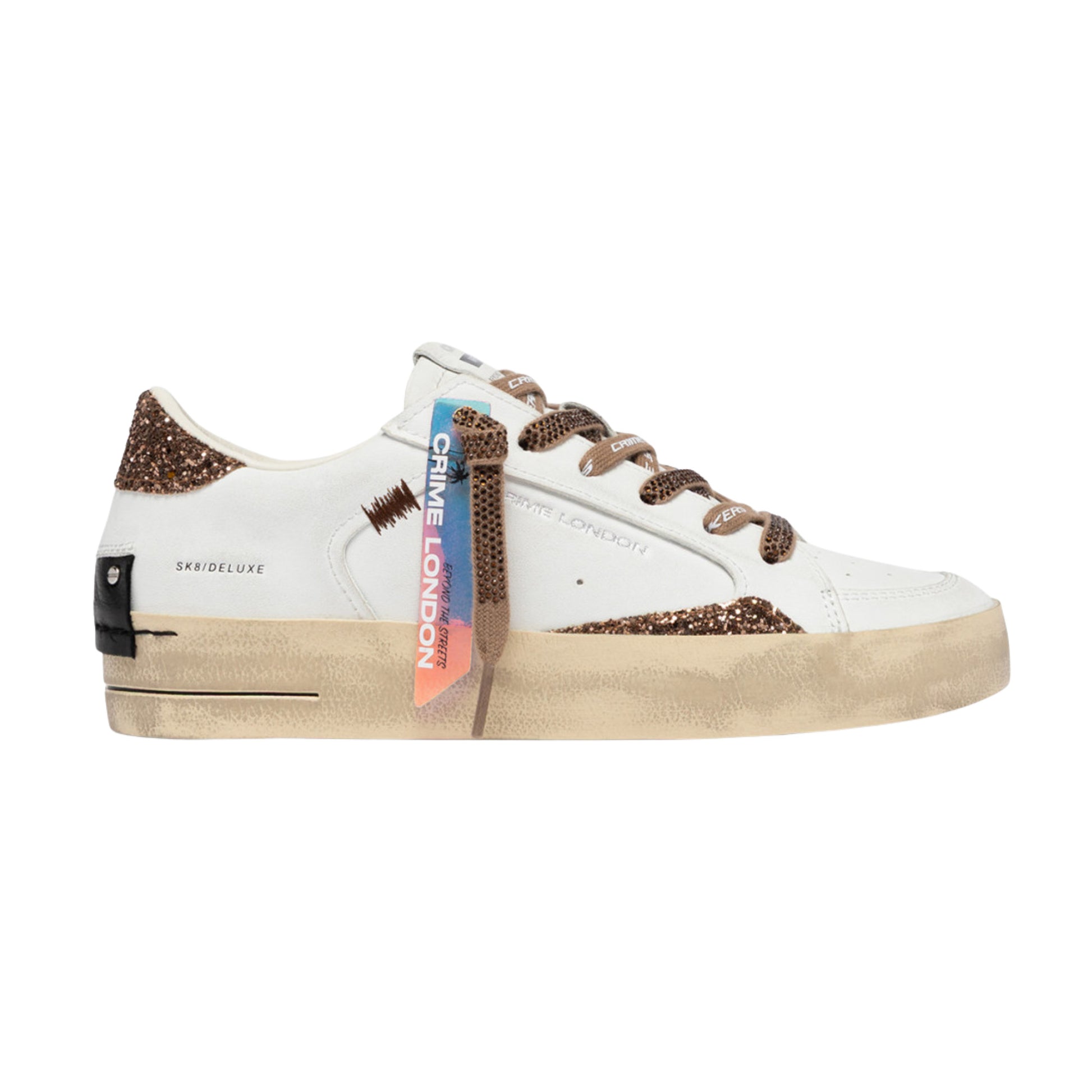 Crime London Sk8 Deluxe Almond Drizzle 23104 sneaker donna bianca con glitter bronzo e strass 