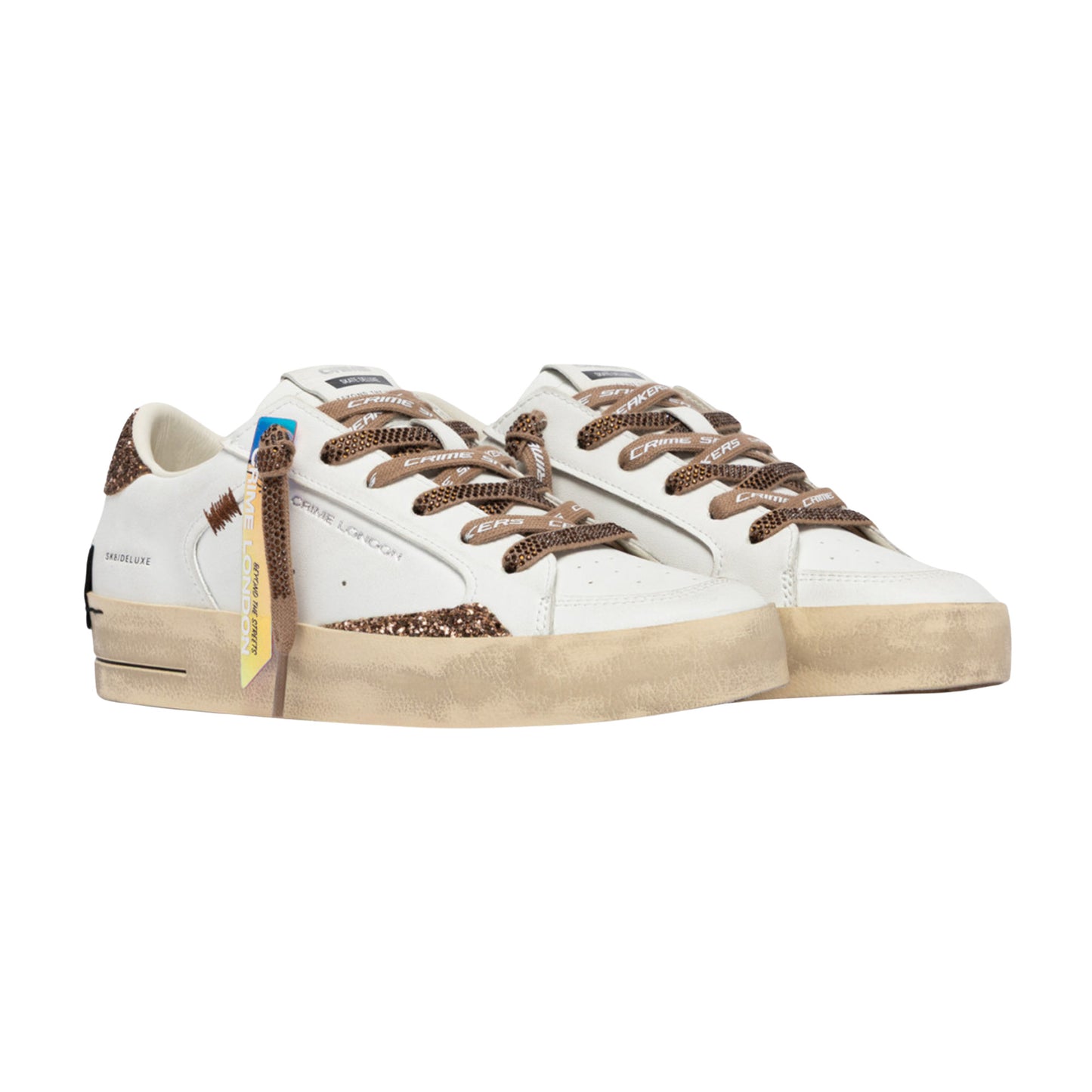 Crime London Sk8 Deluxe Almond Drizzle 23104 sneaker donna bianca con glitter bronzo e strass 