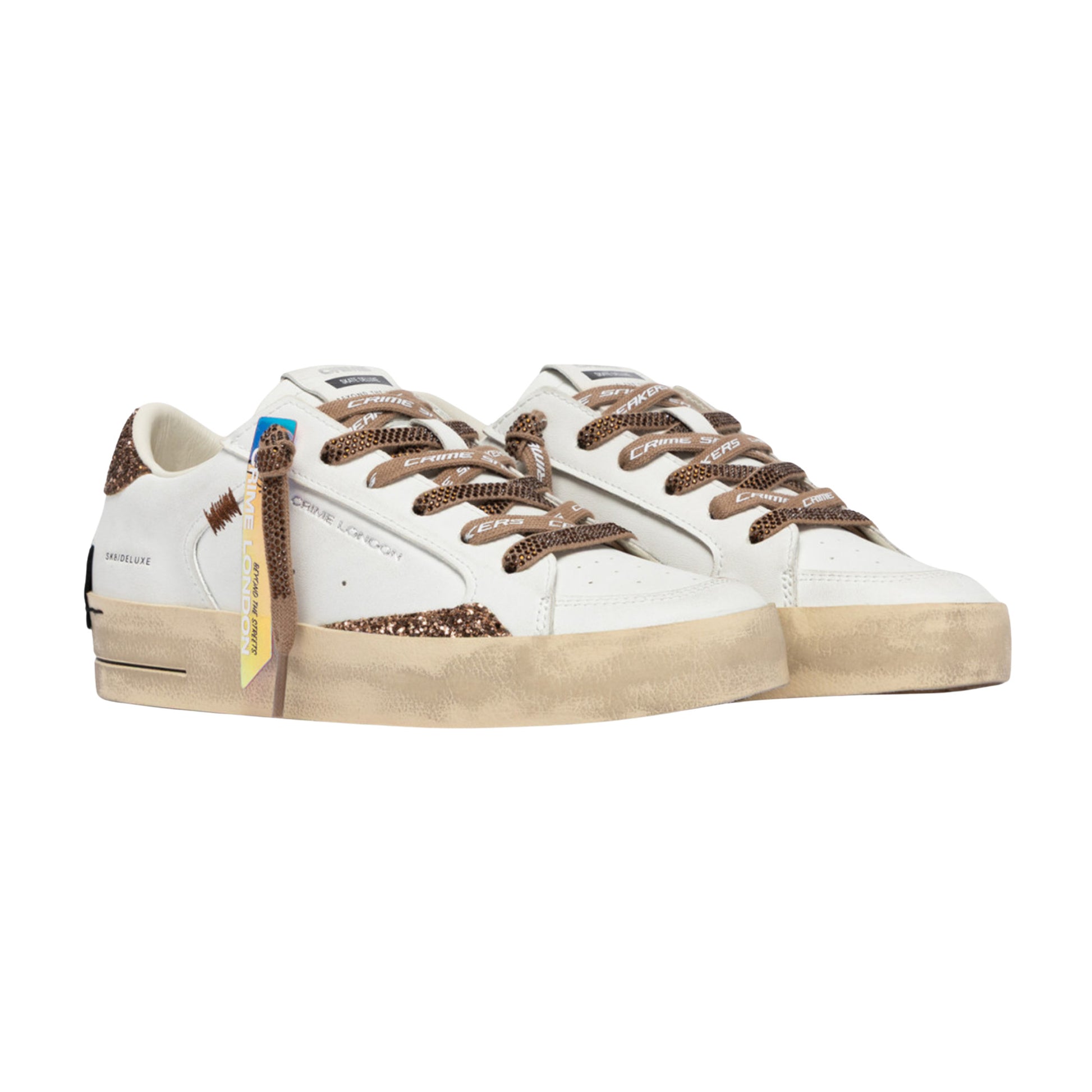 Crime London Sk8 Deluxe Almond Drizzle 23104 sneaker donna bianca con glitter bronzo e strass 
