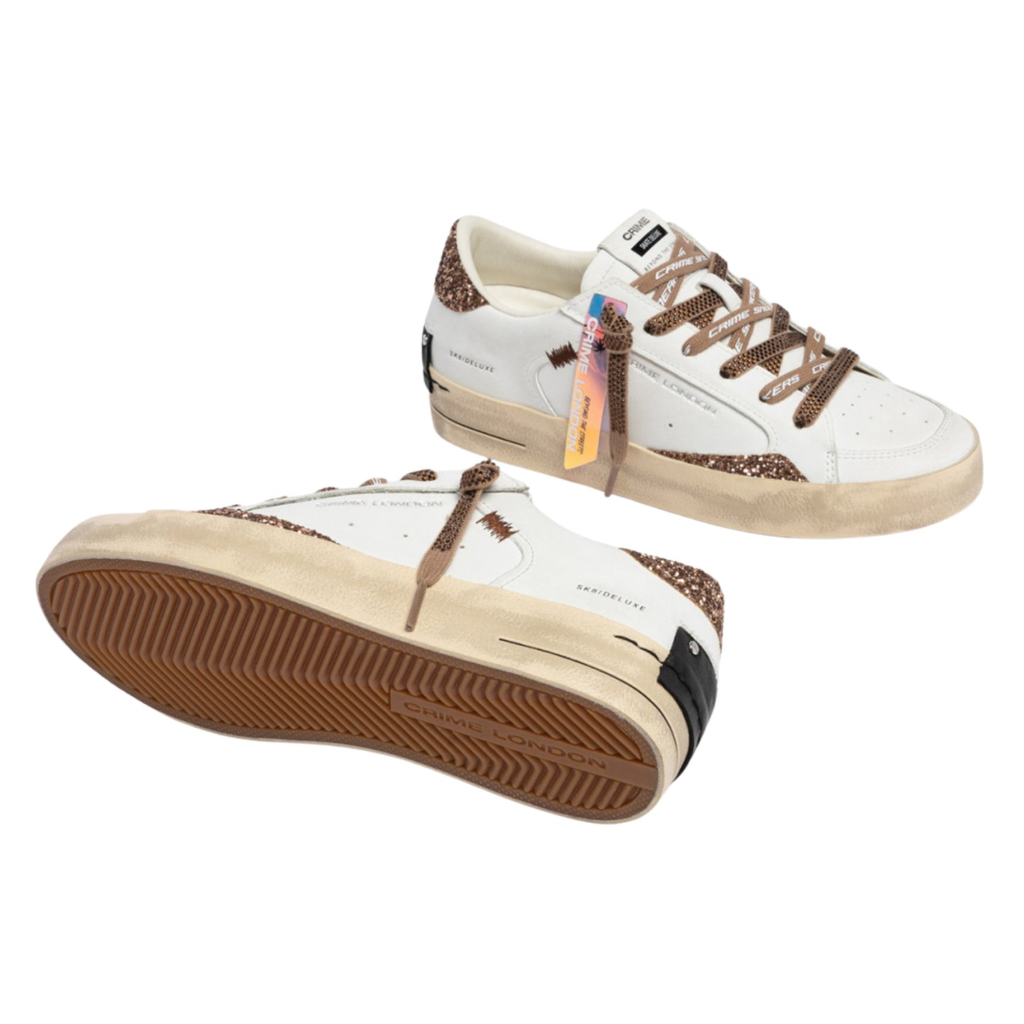 Crime London Sk8 Deluxe Almond Drizzle 23104 sneaker donna bianca con glitter bronzo e strass 