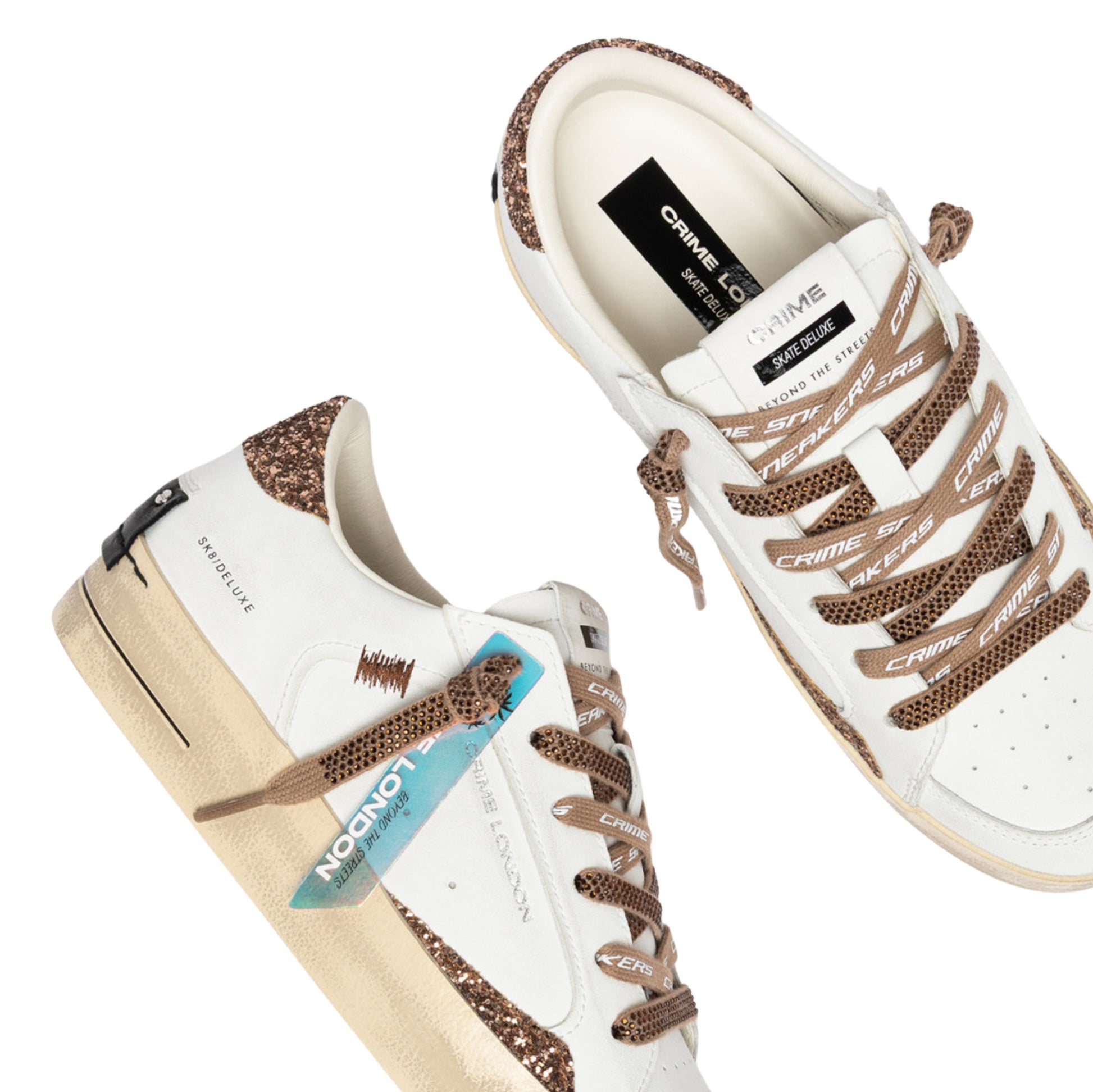 Crime London Sk8 Deluxe Almond Drizzle 23104 sneaker donna bianca con glitter bronzo e strass 