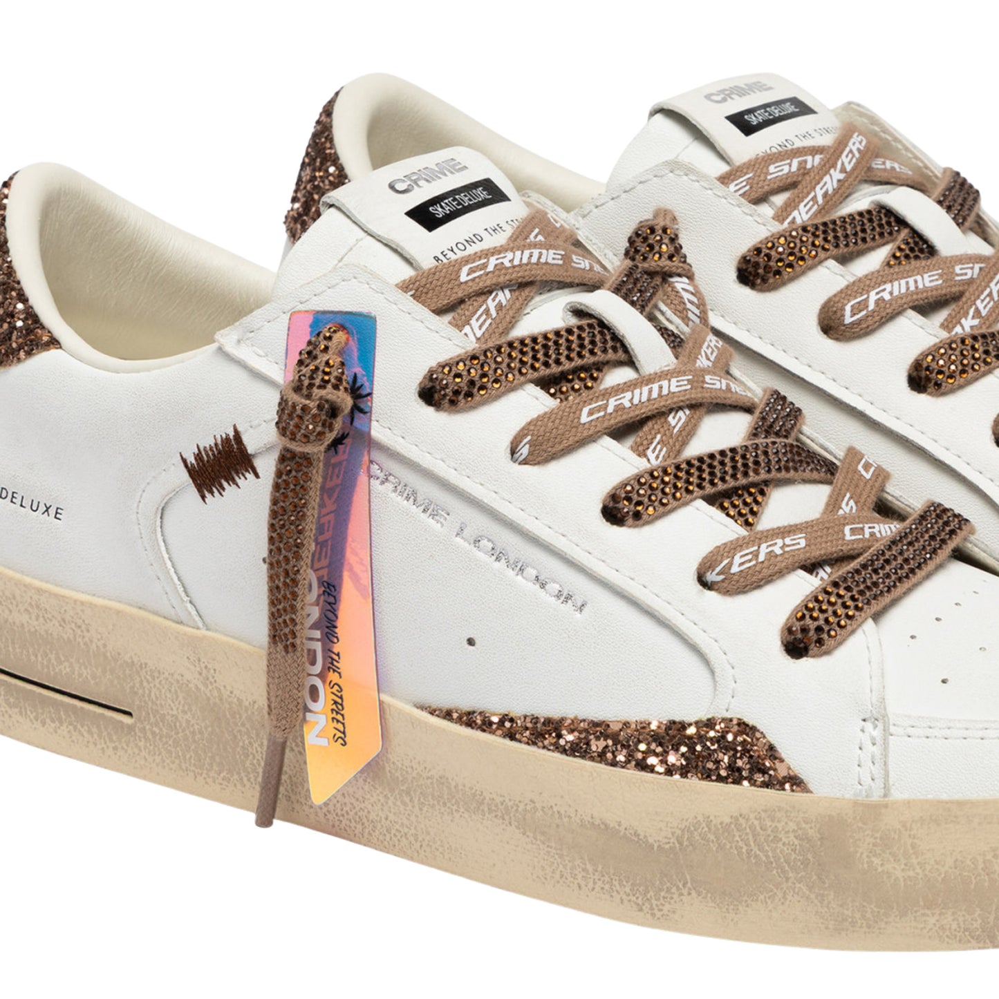 Crime London Sk8 Deluxe Almond Drizzle 23104 sneaker donna bianca con glitter bronzo e strass 