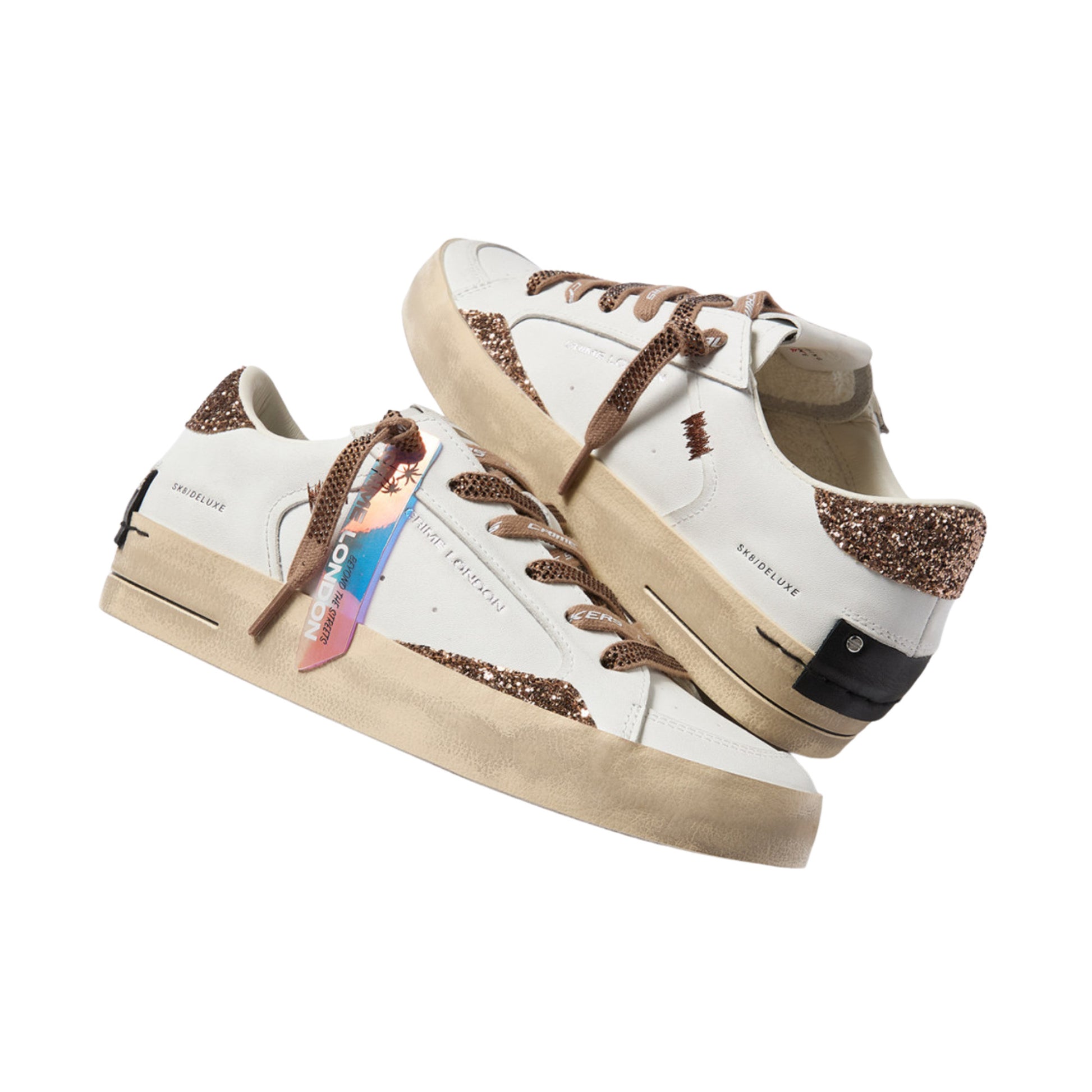 Crime London Sk8 Deluxe Almond Drizzle 23104 sneaker donna bianca con glitter bronzo e strass 