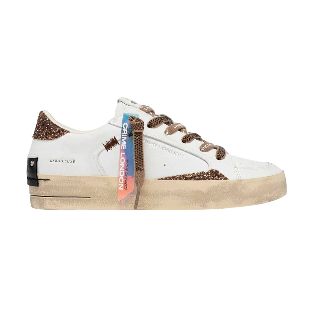 Crime London Skate Almond Drizzle 23104 sneaker donna bianca con glitter bronzo e strass 