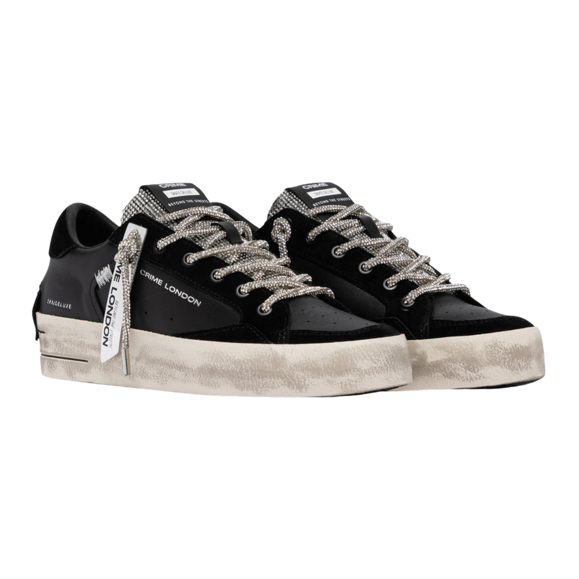 Crime London Sk8 Deluxe Wedge Jet Crystal 23150 sneaker donna nera in pelle con strass 