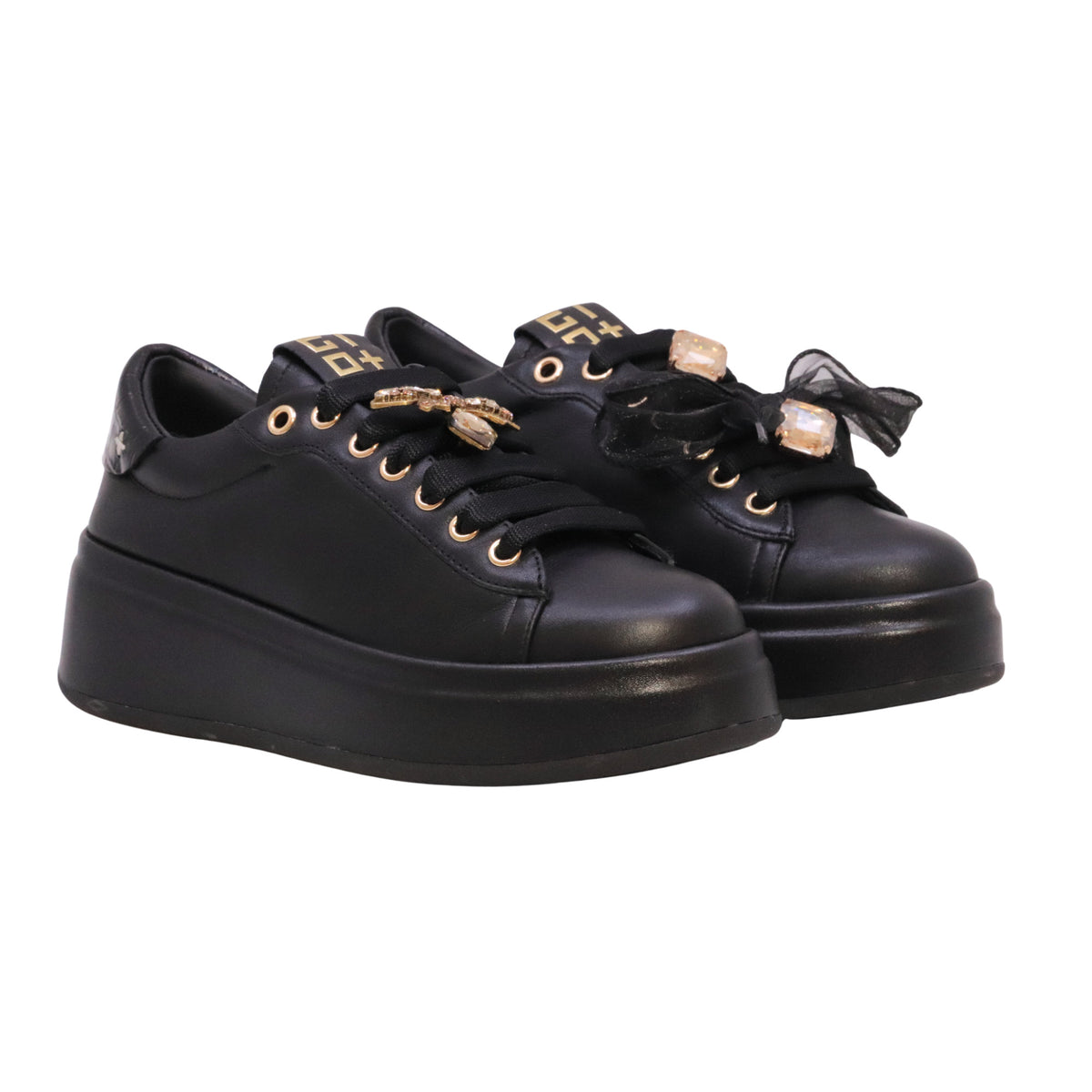 GIO+ Oliva 130 sneaker donna in pelle nera con platform e dettagli gioiello rimovibili 