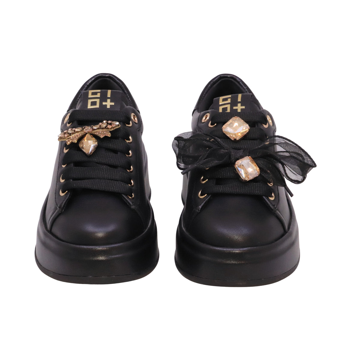 GIO+ Oliva 130 sneaker donna in pelle nera con platform e dettagli gioiello rimovibili 