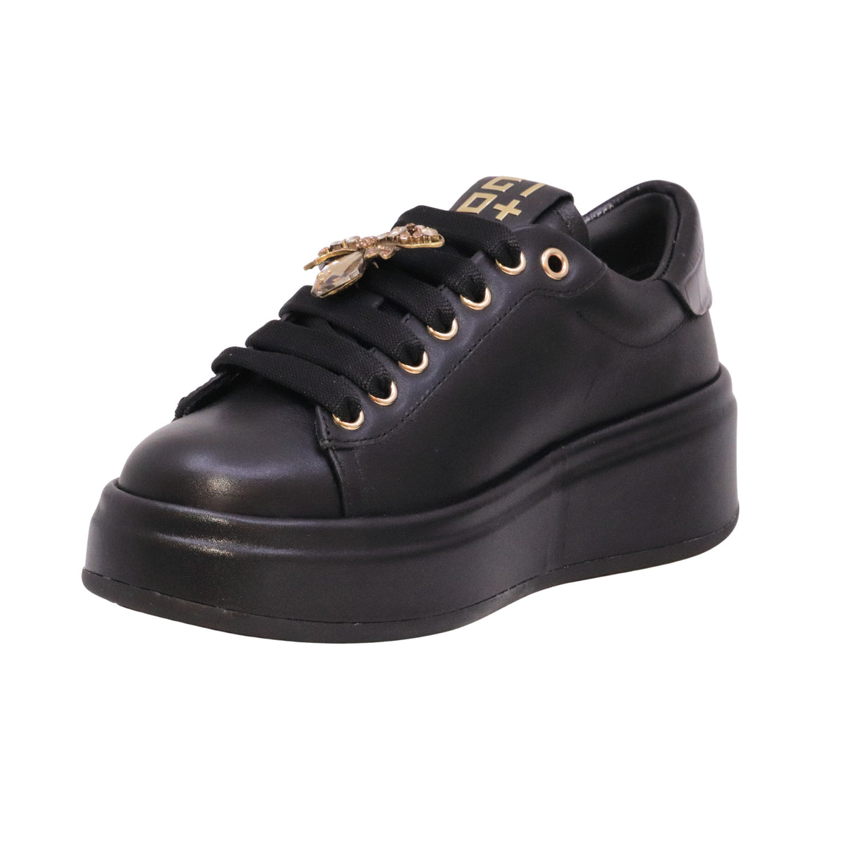 GIO+ Oliva 130 sneaker donna in pelle nera con platform e dettagli gioiello rimovibili 