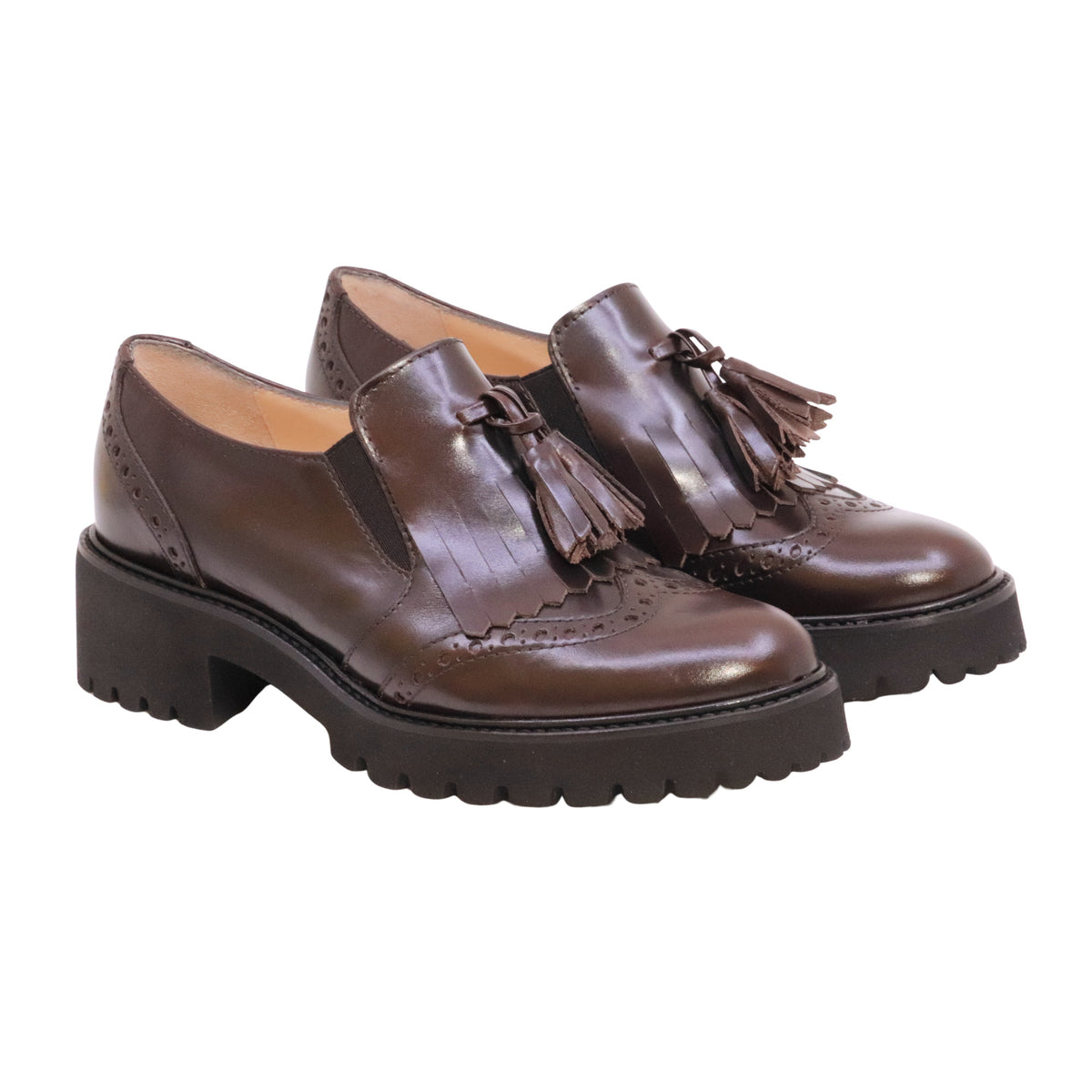 Le Briella Z759 Vitello Serrano Marrone mocassino donna in pelle con frangia e suola carrarmato 