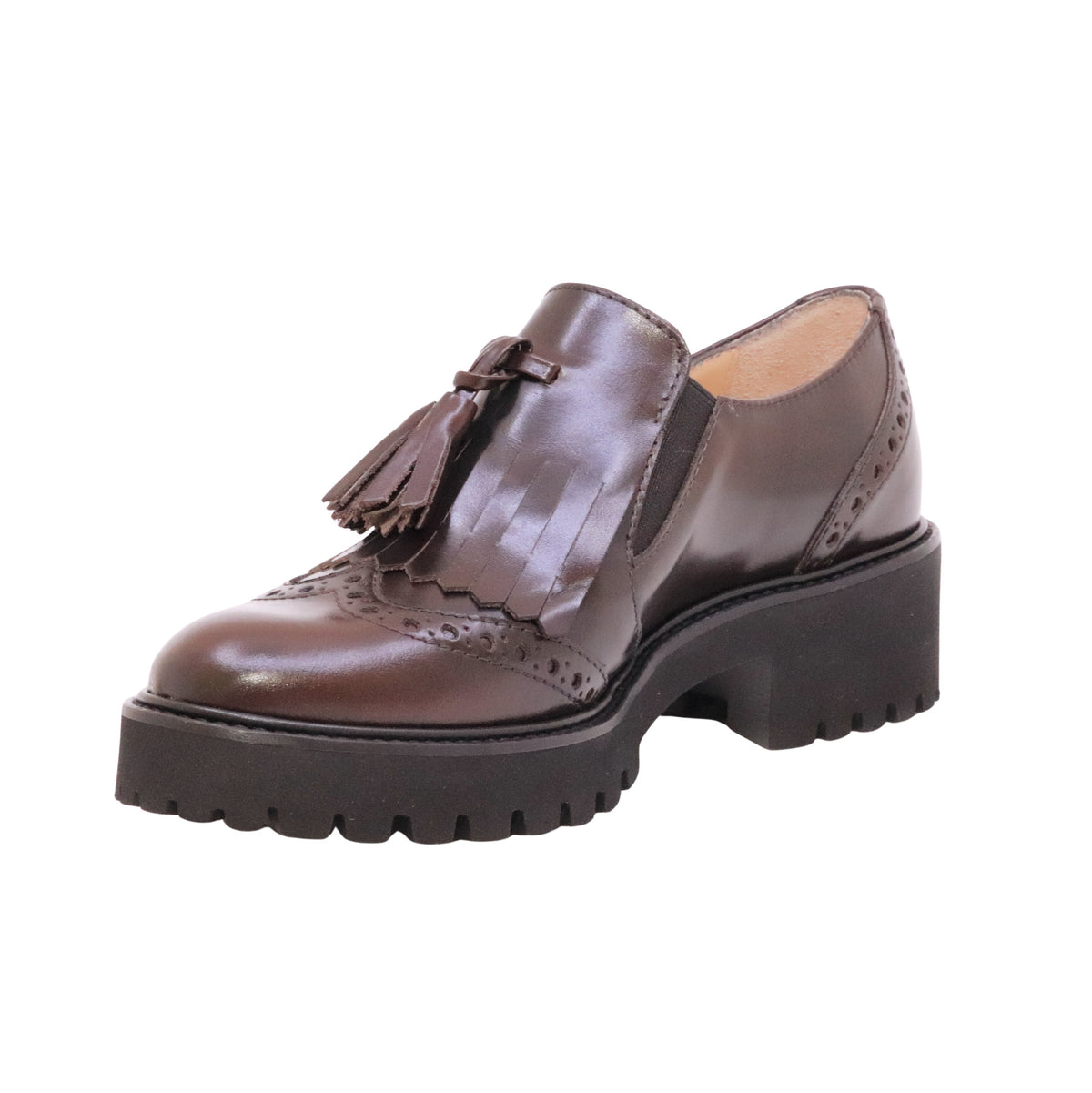 Le Briella Z759 Vitello Serrano Marrone mocassino donna in pelle con frangia e suola carrarmato 