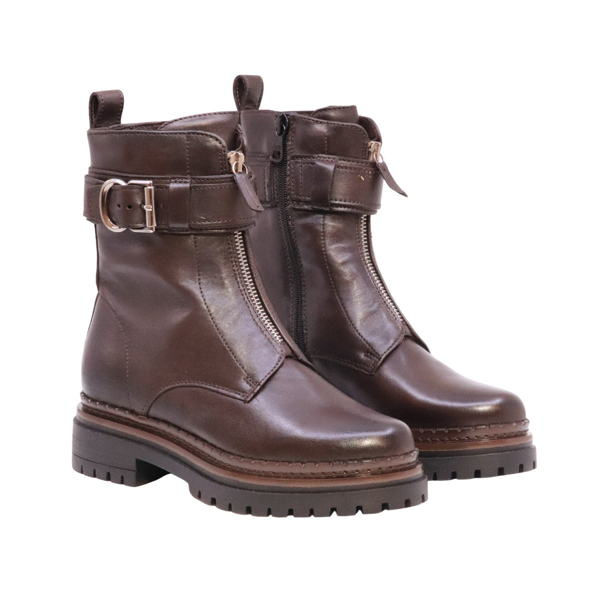 MJUS Danaia L97202 stivaletto biker donna in pelle Moka con zip frontale e fibbia 