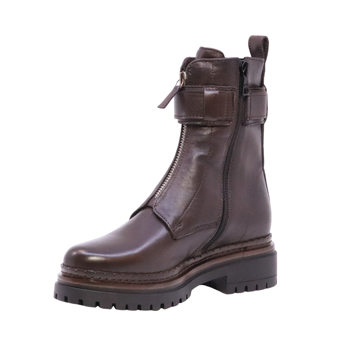MJUS Danaia L97202 stivaletto biker donna in pelle Moka con zip frontale e fibbia 