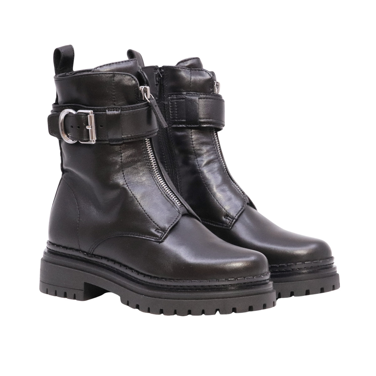 MJUS Danaia L97202 stivaletto biker donna in pelle nera con zip frontale e fibbia 