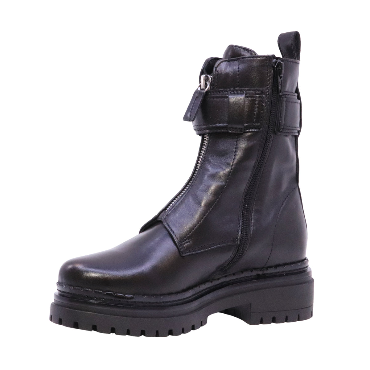 MJUS Danaia L97202 stivaletto biker donna in pelle nera con zip frontale e fibbia 