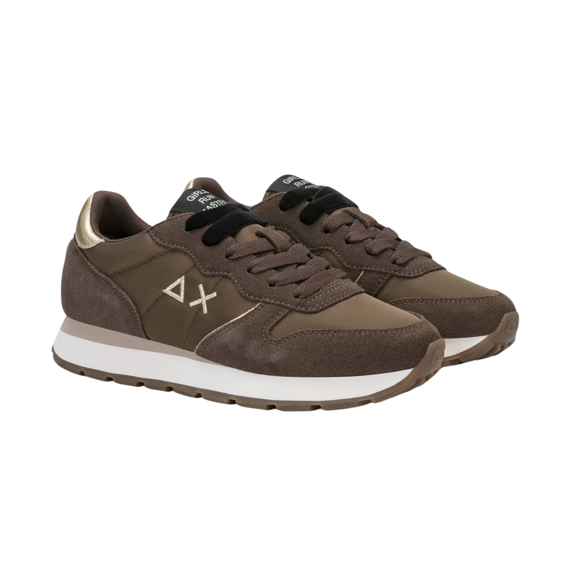 SUN68 Ally Gold Silver Z46202-08 sneaker donna in nylon e camoscio marrone con dettagli laminati 