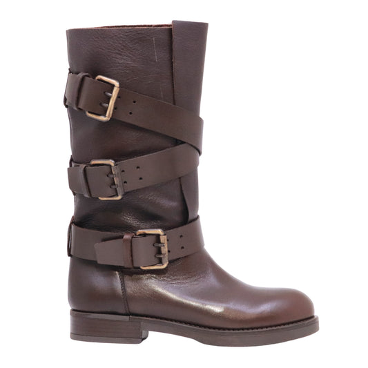 The Seller LW810 stivaletto biker donna in pelle marrone con fibbie Made in Italy 