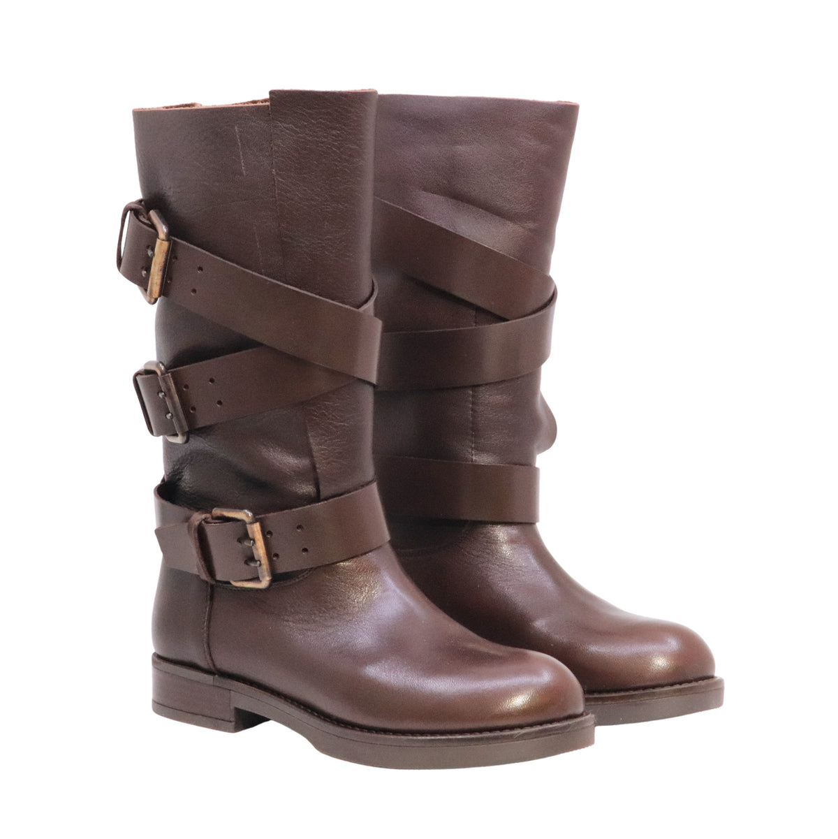 The Seller LW810 stivaletto biker donna in pelle marrone con fibbie Made in Italy 