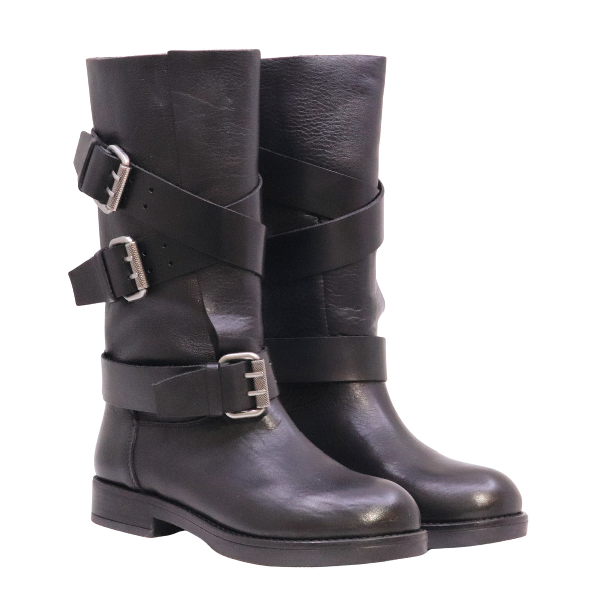 The Seller LW810 stivaletto biker donna in pelle nera con fibbie Made in Italy 