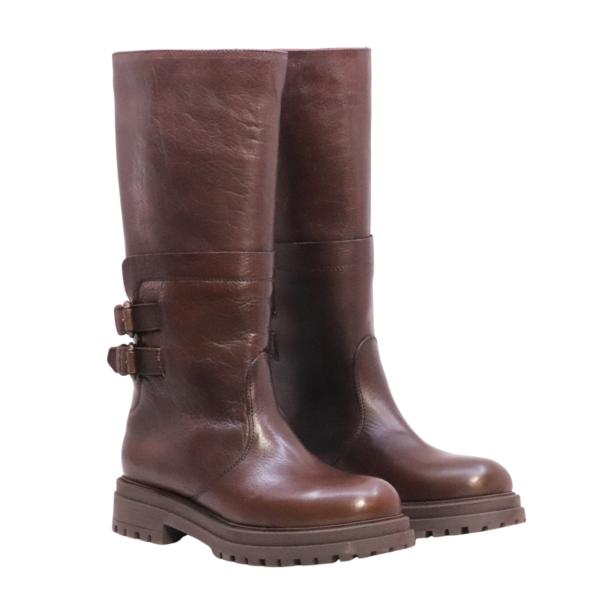 The Seller MW088 stivale donna in pelle marrone con doppia fibbia e suola carrarmato 