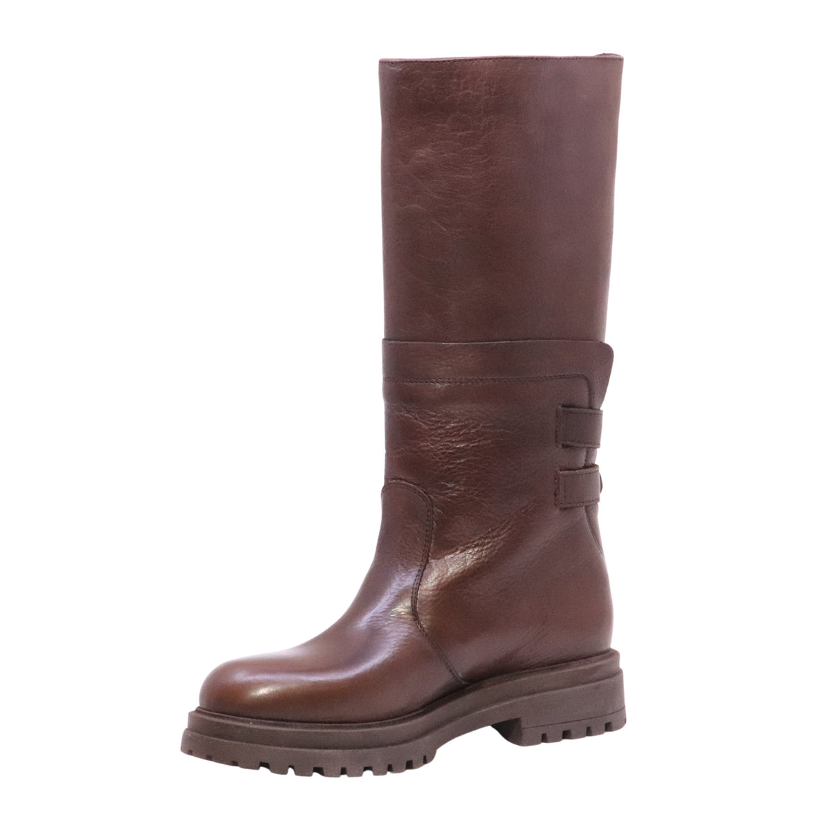 The Seller MW088 stivale donna in pelle marrone con doppia fibbia e suola carrarmato 