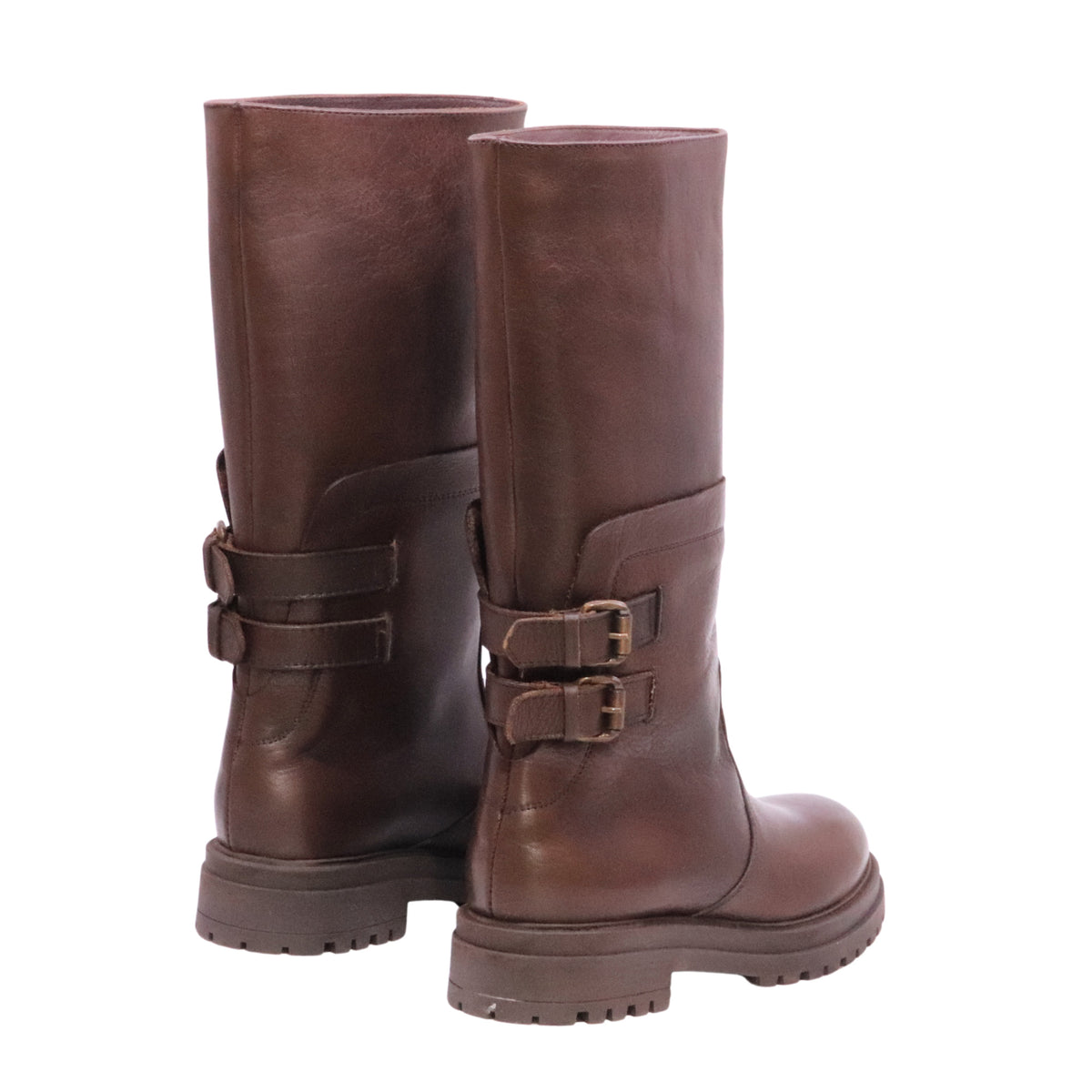 The Seller MW088 stivale donna in pelle marrone con doppia fibbia e suola carrarmato 