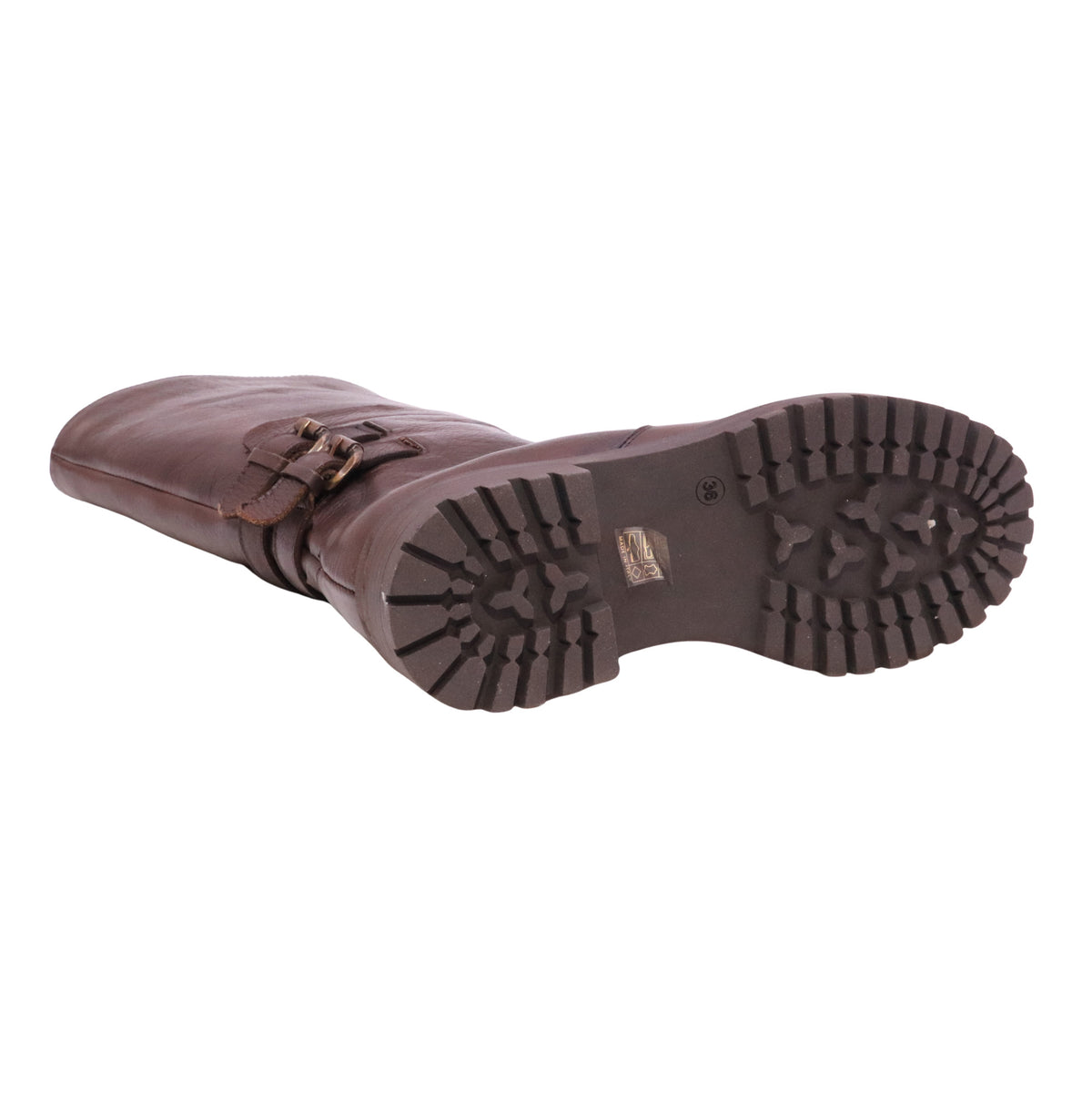The Seller MW088 stivale donna in pelle marrone con doppia fibbia e suola carrarmato 