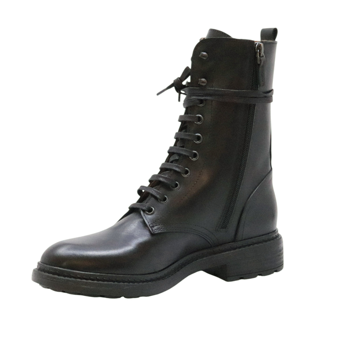 The Seller MW583 anfibio donna in pelle nera allacciato con zip laterale 