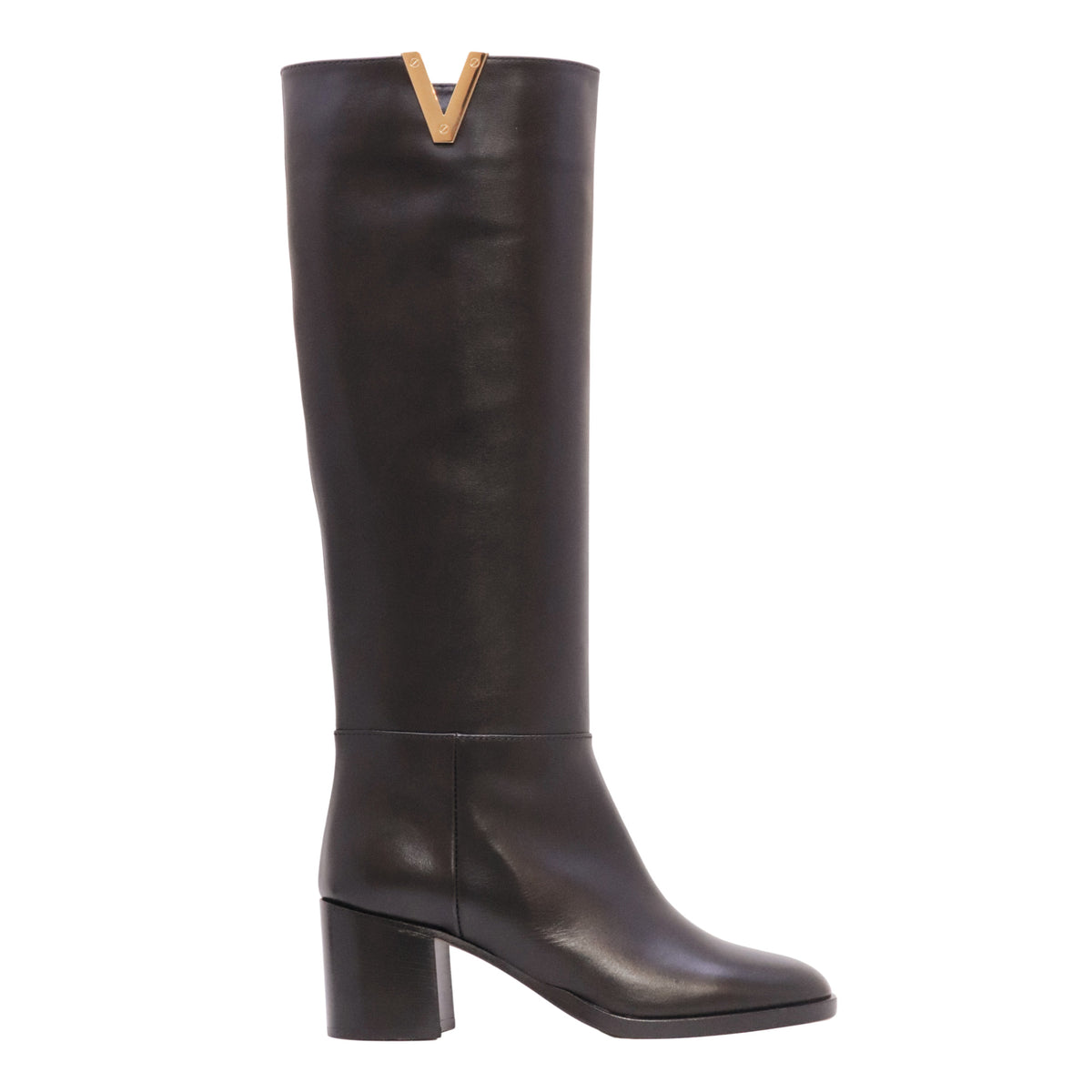 Via Roma 15 4720 Soft stivale alto donna in pelle nera con V oro e tacco 5 cm 