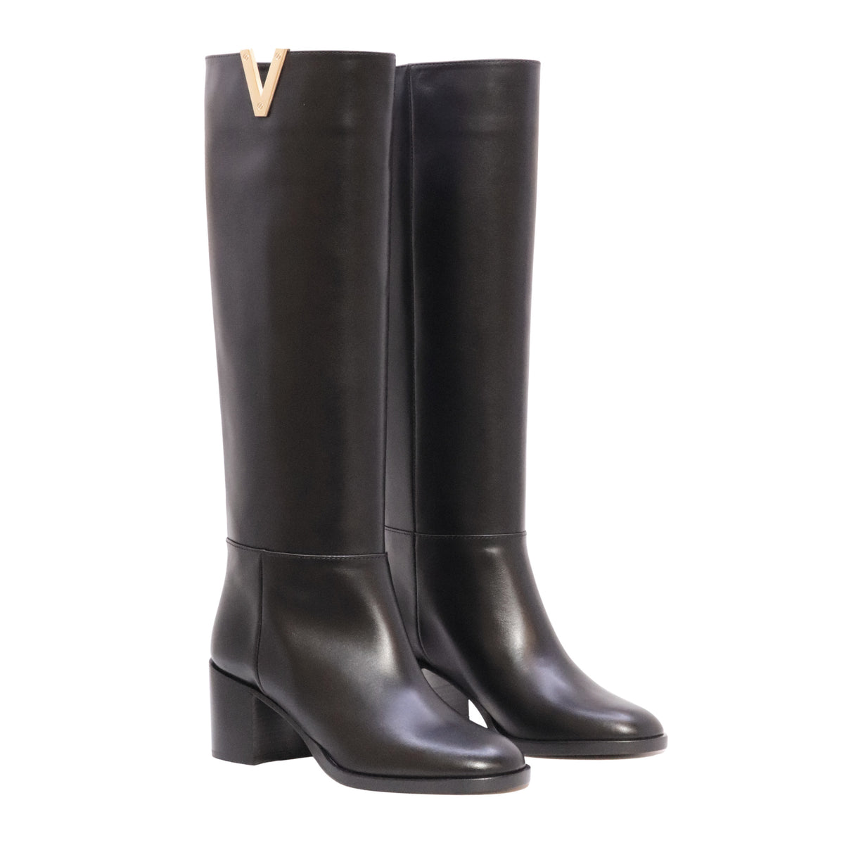 Via Roma 15 4720 Soft stivale alto donna in pelle nera con V oro e tacco 5 cm 