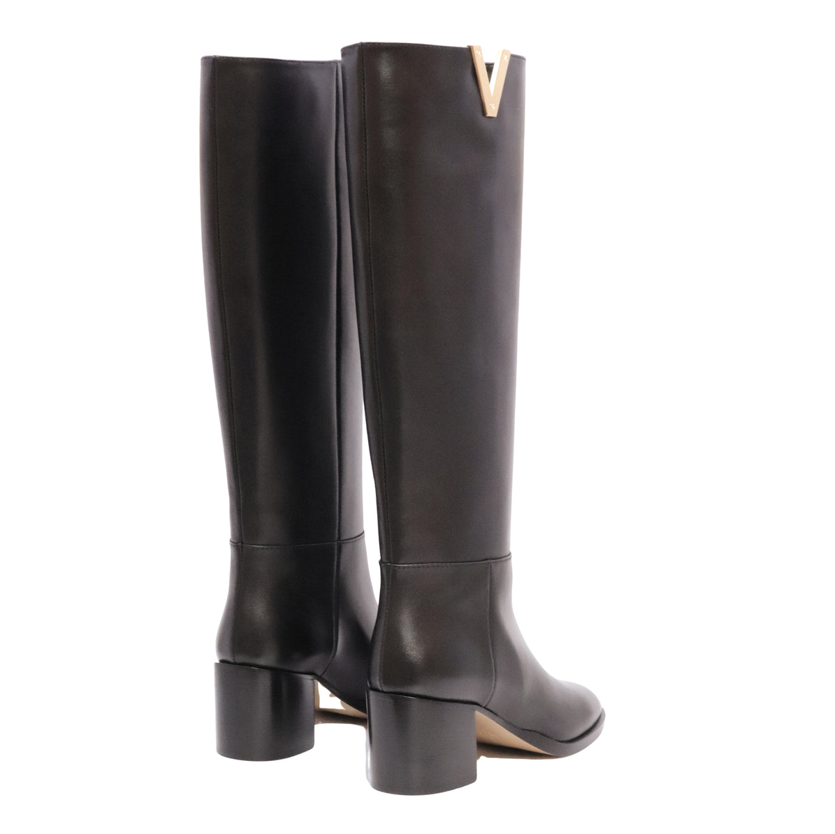 Via Roma 15 4720 Soft stivale alto donna in pelle nera con V oro e tacco 5 cm 