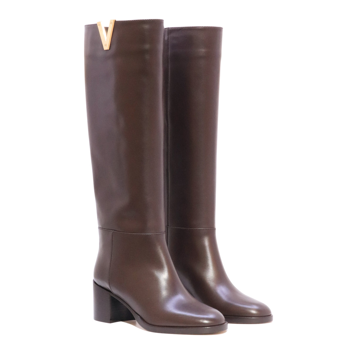 Via Roma 15 4720 Soft stivale alto donna in pelle testa di moro con V oro e tacco 5 cm 